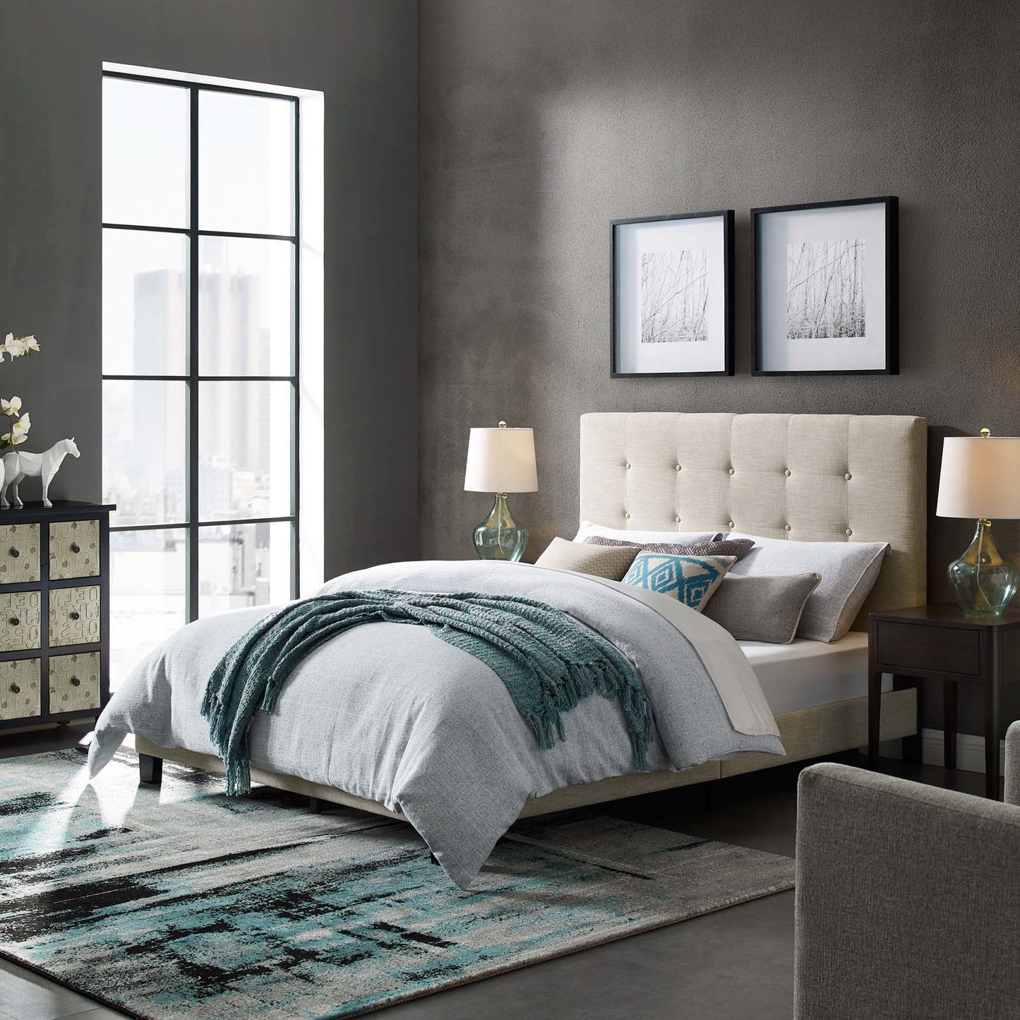 Melanie King Tufted Button Upholstered Fabric Platform Bed, Fabric, Beige, 17738