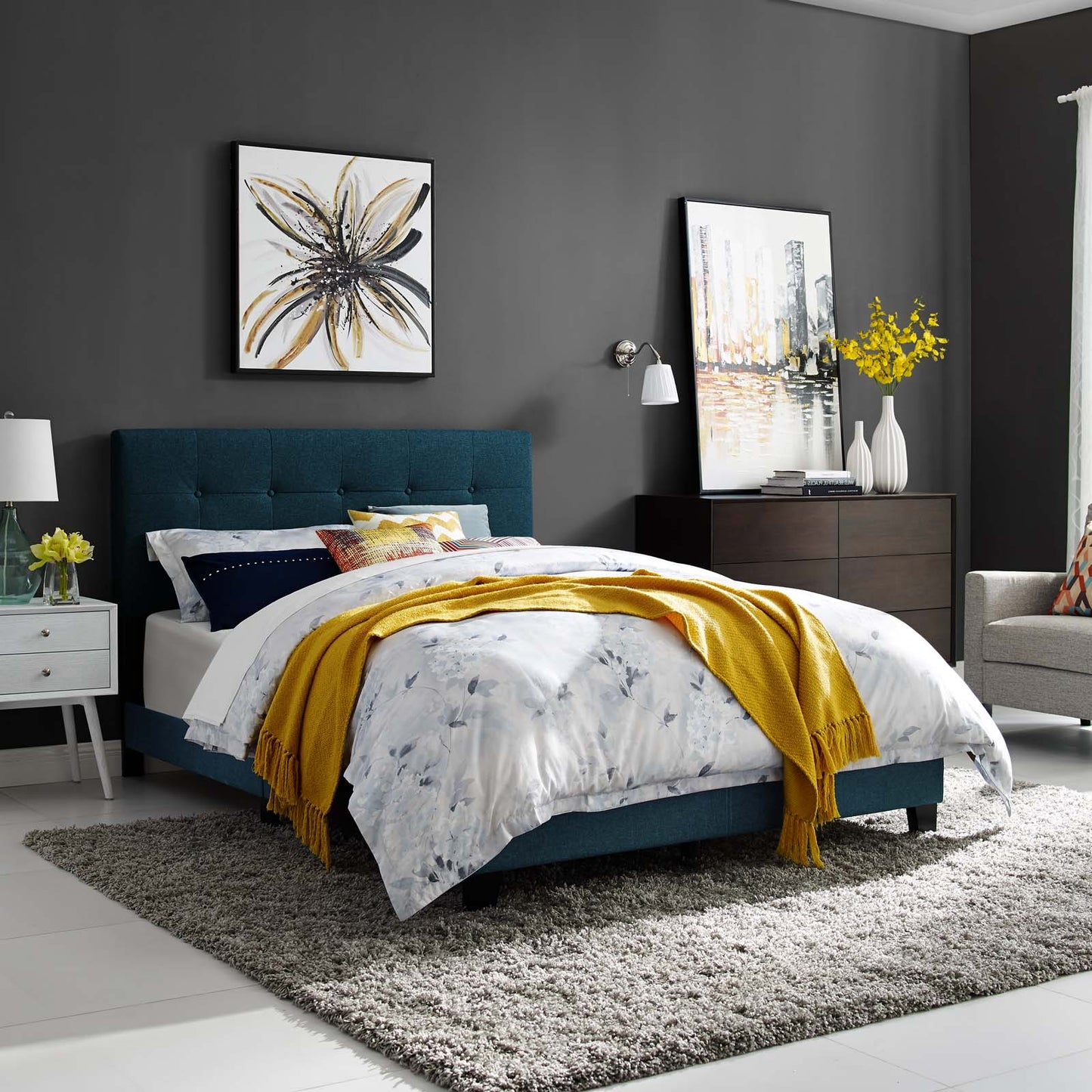 Amira Twin Upholstered Fabric Bed, Fabric, Navy Blue, 17742
