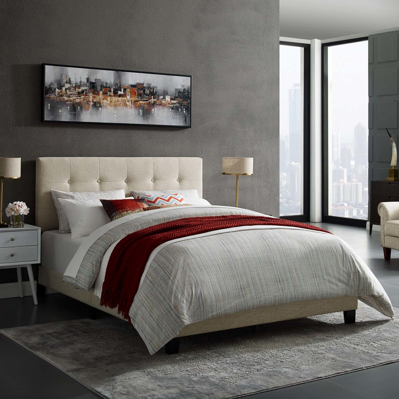 Amira King Upholstered Fabric Bed, King Size, Fabric, Beige, 15519