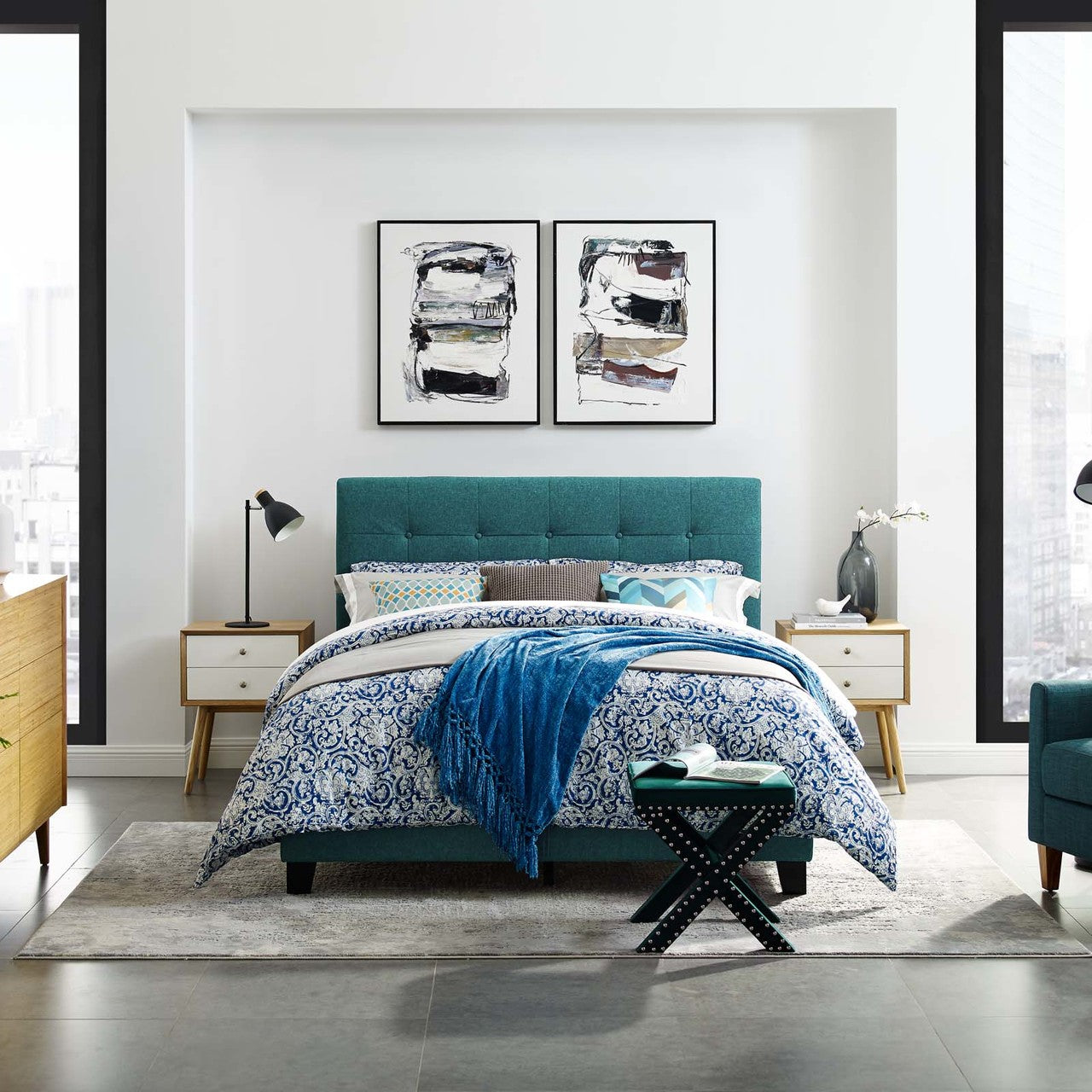 Amira King Upholstered Fabric Bed, King Size, Fabric, Aqua Blue, 15521