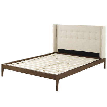 Hadley Queen Wingback Upholstered Polyester Fabric Platform Bed, Fabric, Beige, 17747