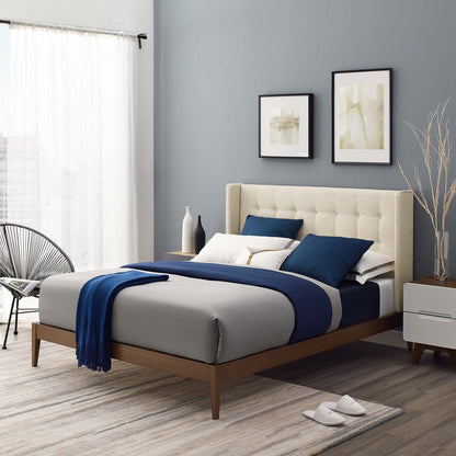 Hadley Queen Wingback Upholstered Polyester Fabric Platform Bed, Fabric, Beige, 17747