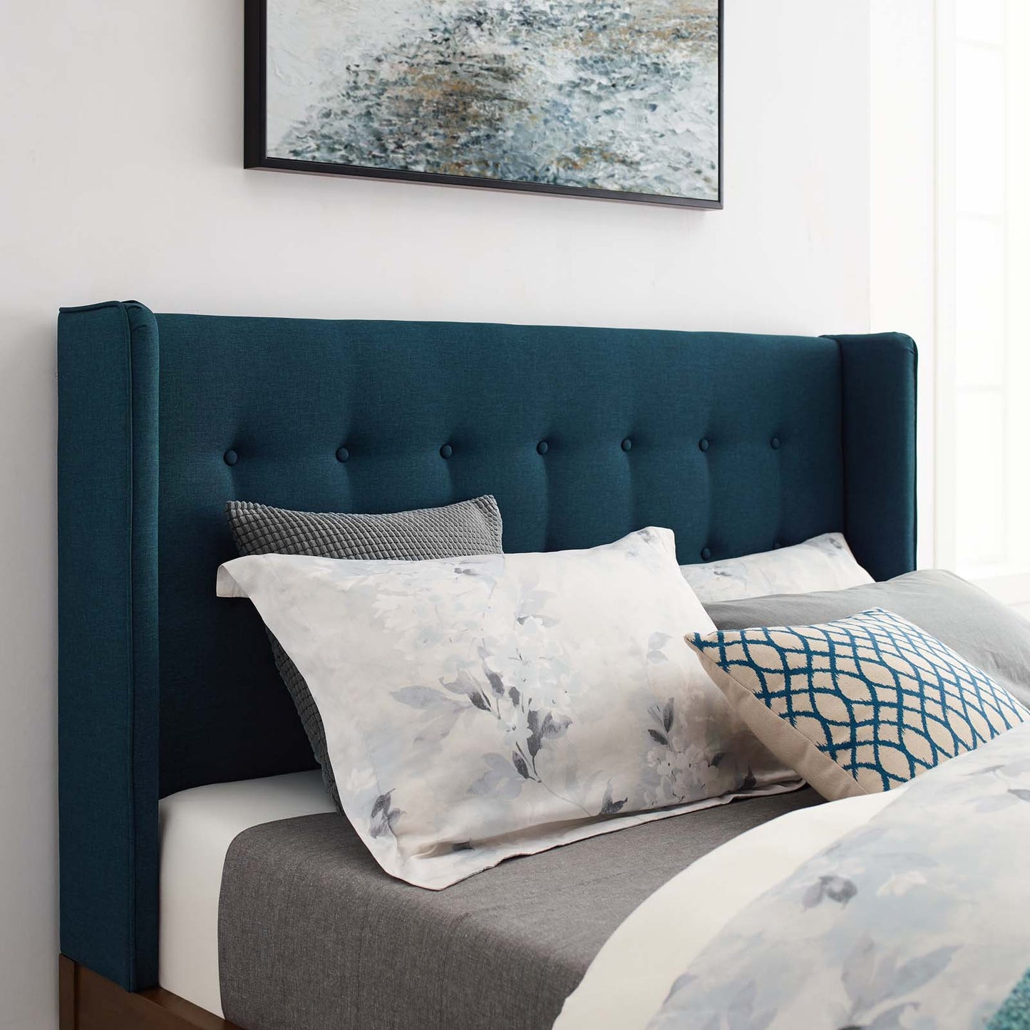 Hadley Queen Wingback Upholstered Polyester Fabric Platform Bed, Fabric, Blue, 17748