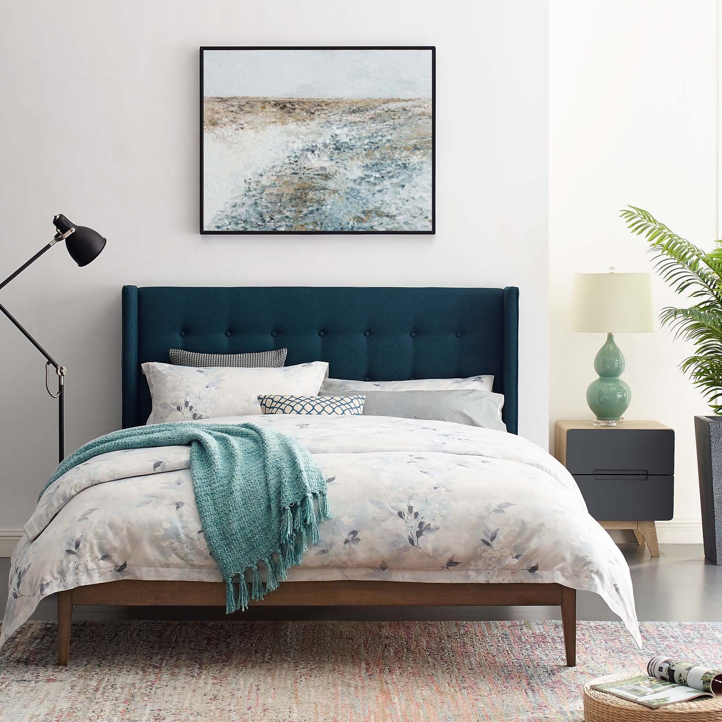 Hadley Queen Wingback Upholstered Polyester Fabric Platform Bed, Fabric, Blue, 17748