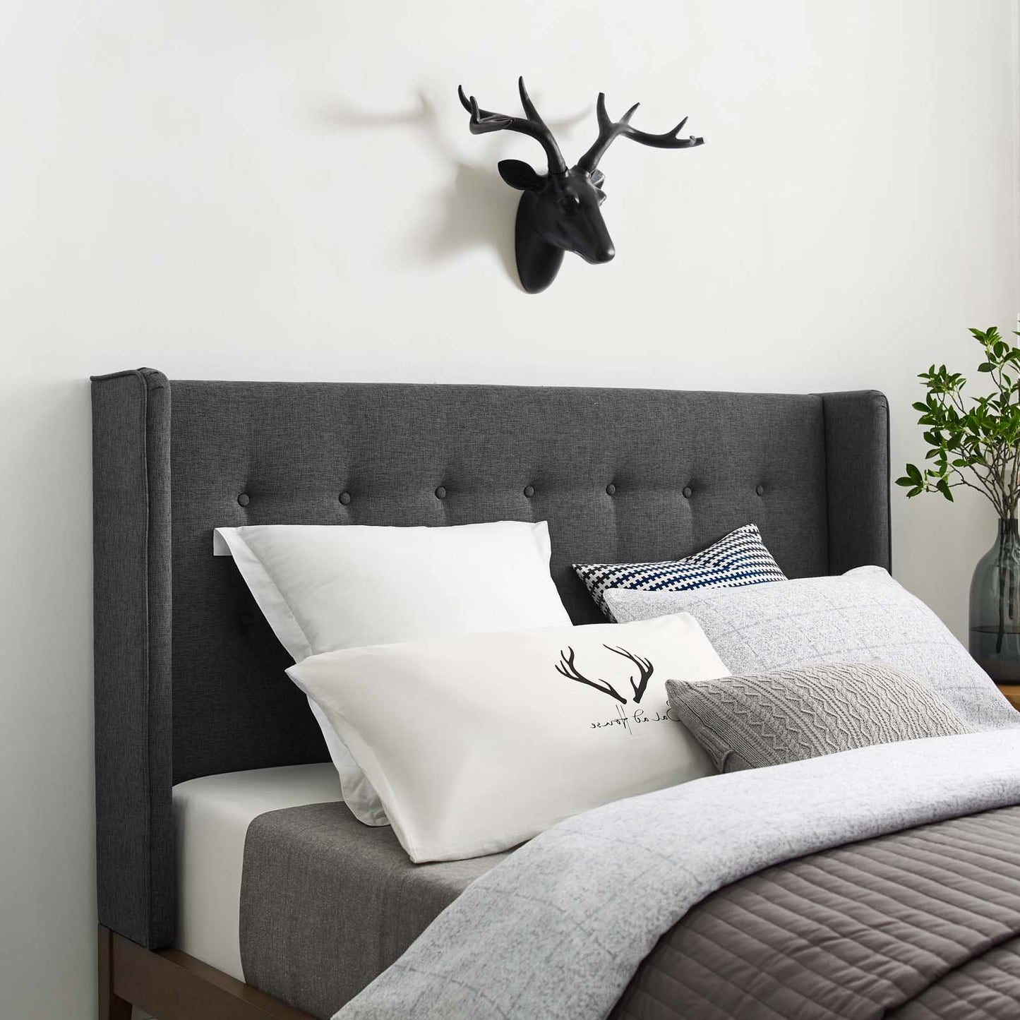 Hadley Queen Wingback Upholstered Polyester Fabric Platform Bed, Fabric, Grey Gray, 17749