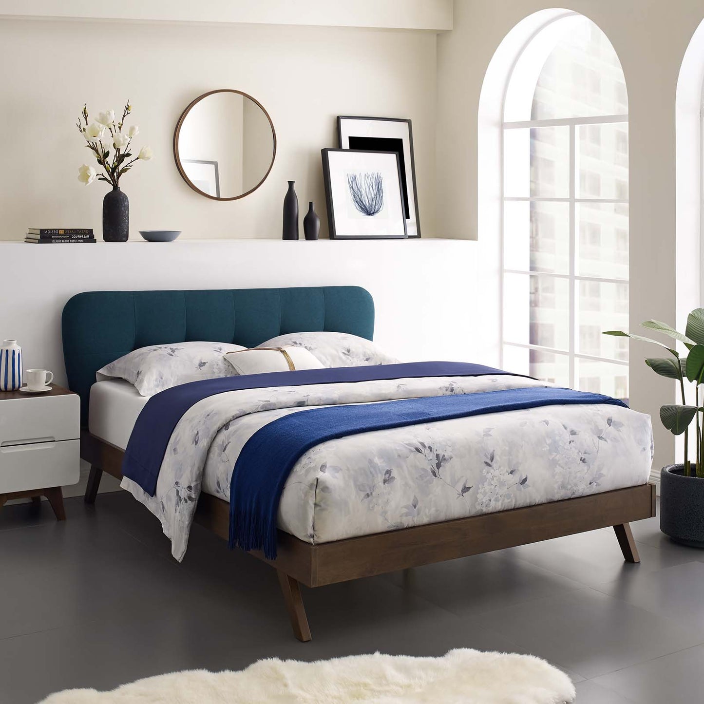 Gianna Queen Upholstered Polyester Fabric Platform Bed, Fabric, Blue, 17751