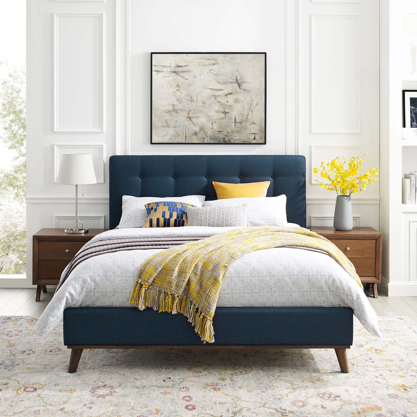 McKenzie Queen Biscuit Tufted Upholstered Fabric Platform Bed, Fabric, Blue, 17754