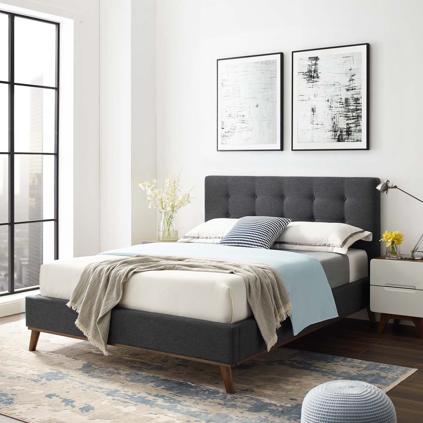 McKenzie Queen Biscuit Tufted Upholstered Fabric Platform Bed, Fabric, Grey Gray, 17755