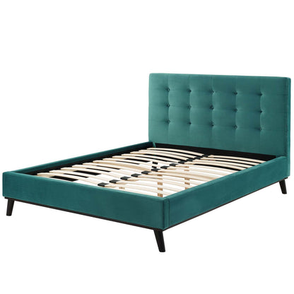 McKenzie Queen Biscuit Tufted Performance Velvet Platform Bed, Velvet Fabric, Aqua Blue, 17758