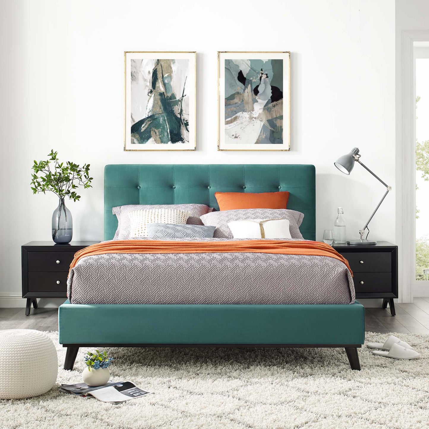 McKenzie Queen Biscuit Tufted Performance Velvet Platform Bed, Velvet Fabric, Aqua Blue, 17758