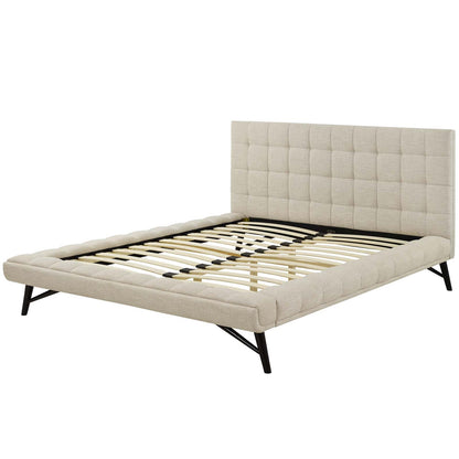 Julia Queen Biscuit Tufted Upholstered Fabric Platform Bed, Fabric, Beige, 17759
