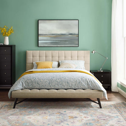 Julia Queen Biscuit Tufted Upholstered Fabric Platform Bed, Fabric, Beige, 17759