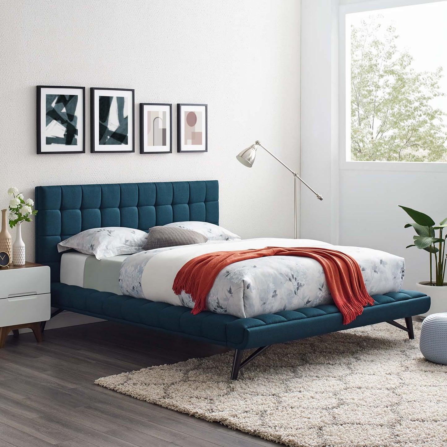Julia Queen Biscuit Tufted Upholstered Fabric Platform Bed, Fabric, Blue, 17760