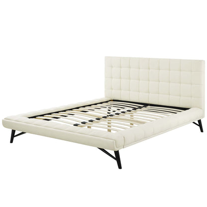 Julia Queen Biscuit Tufted Upholstered Fabric Platform Bed, Fabric, Ivory White, 17762