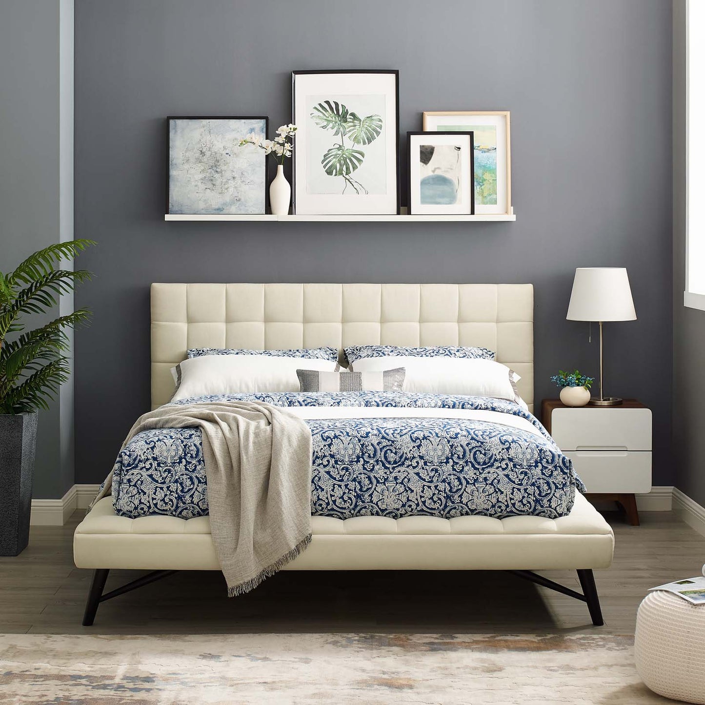 Julia Queen Biscuit Tufted Upholstered Fabric Platform Bed, Fabric, Ivory White, 17762