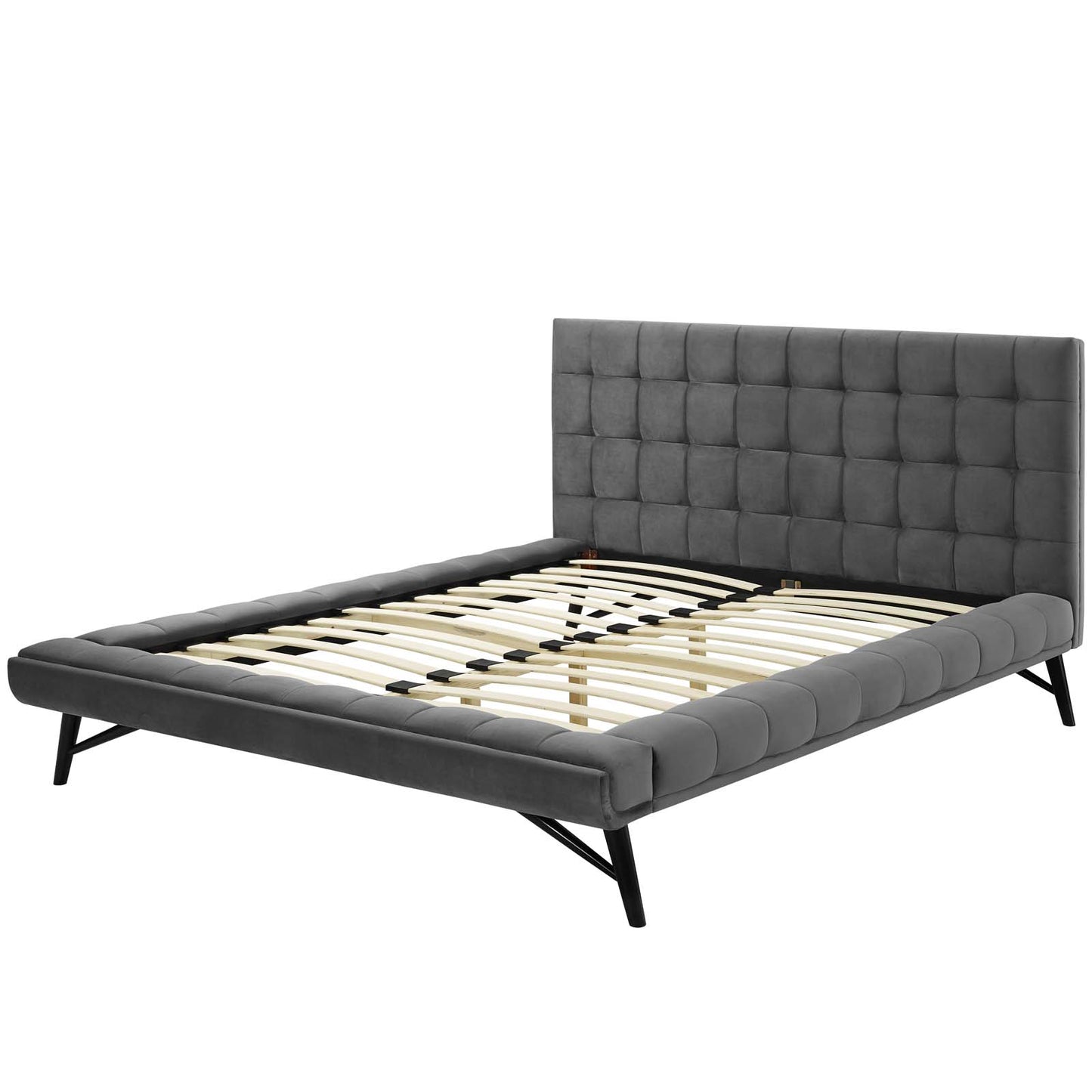 Julia Queen Biscuit Tufted Performance Velvet Platform Bed, Velvet Fabric, Grey Gray, 17763