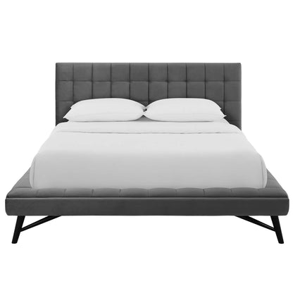 Julia Queen Biscuit Tufted Performance Velvet Platform Bed, Velvet Fabric, Grey Gray, 17763