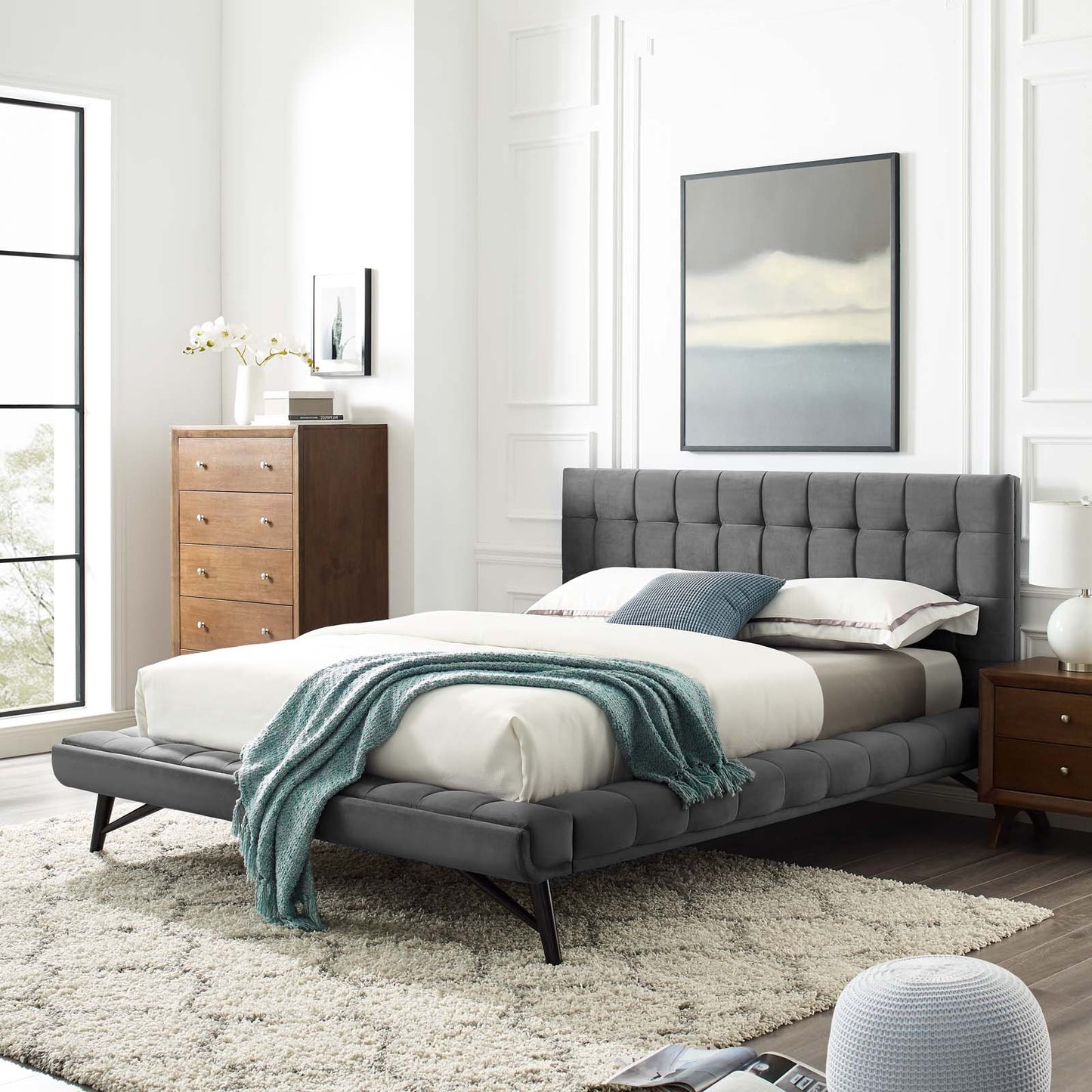Julia Queen Biscuit Tufted Performance Velvet Platform Bed, Velvet Fabric, Grey Gray, 17763