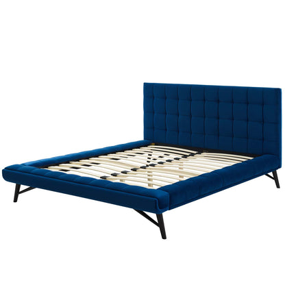 Julia Queen Biscuit Tufted Performance Velvet Platform Bed, Velvet Fabric, Navy Blue, 17764