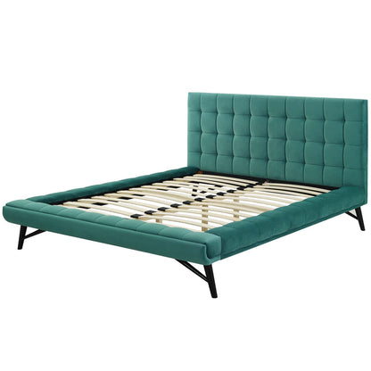 Julia Queen Biscuit Tufted Performance Velvet Platform Bed, Velvet Fabric, Aqua Blue, 17765