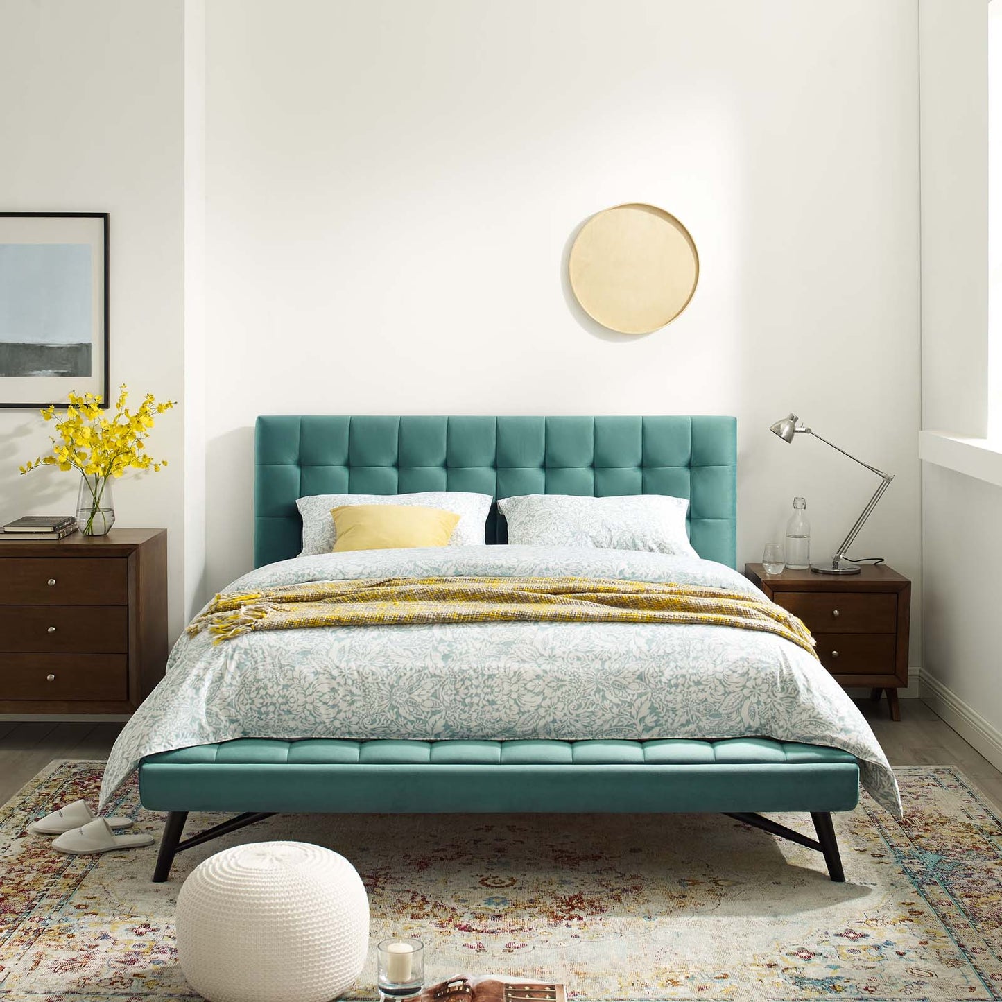 Julia Queen Biscuit Tufted Performance Velvet Platform Bed, Velvet Fabric, Aqua Blue, 17765