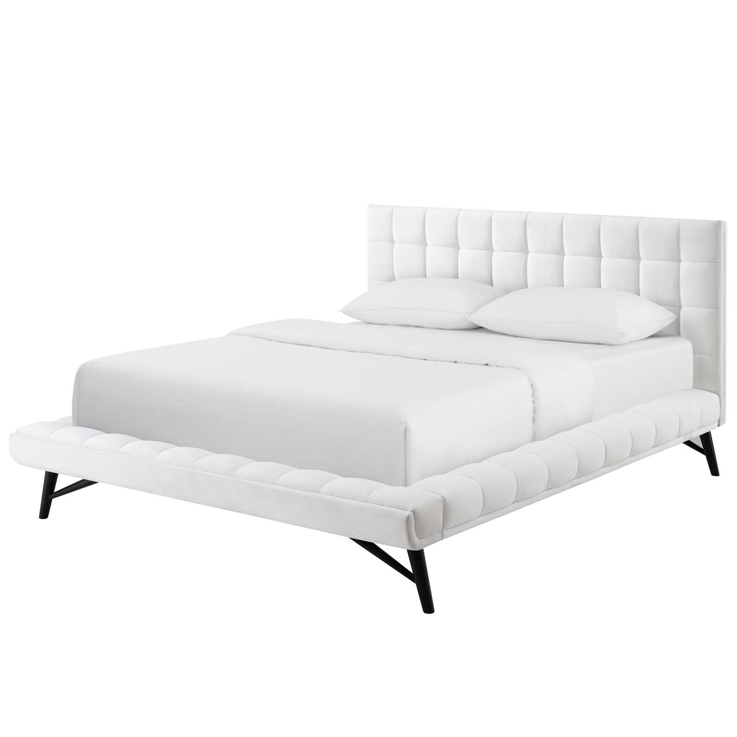 Julia Queen Biscuit Tufted Performance Velvet Platform Bed, Velvet Fabric, White, 17766