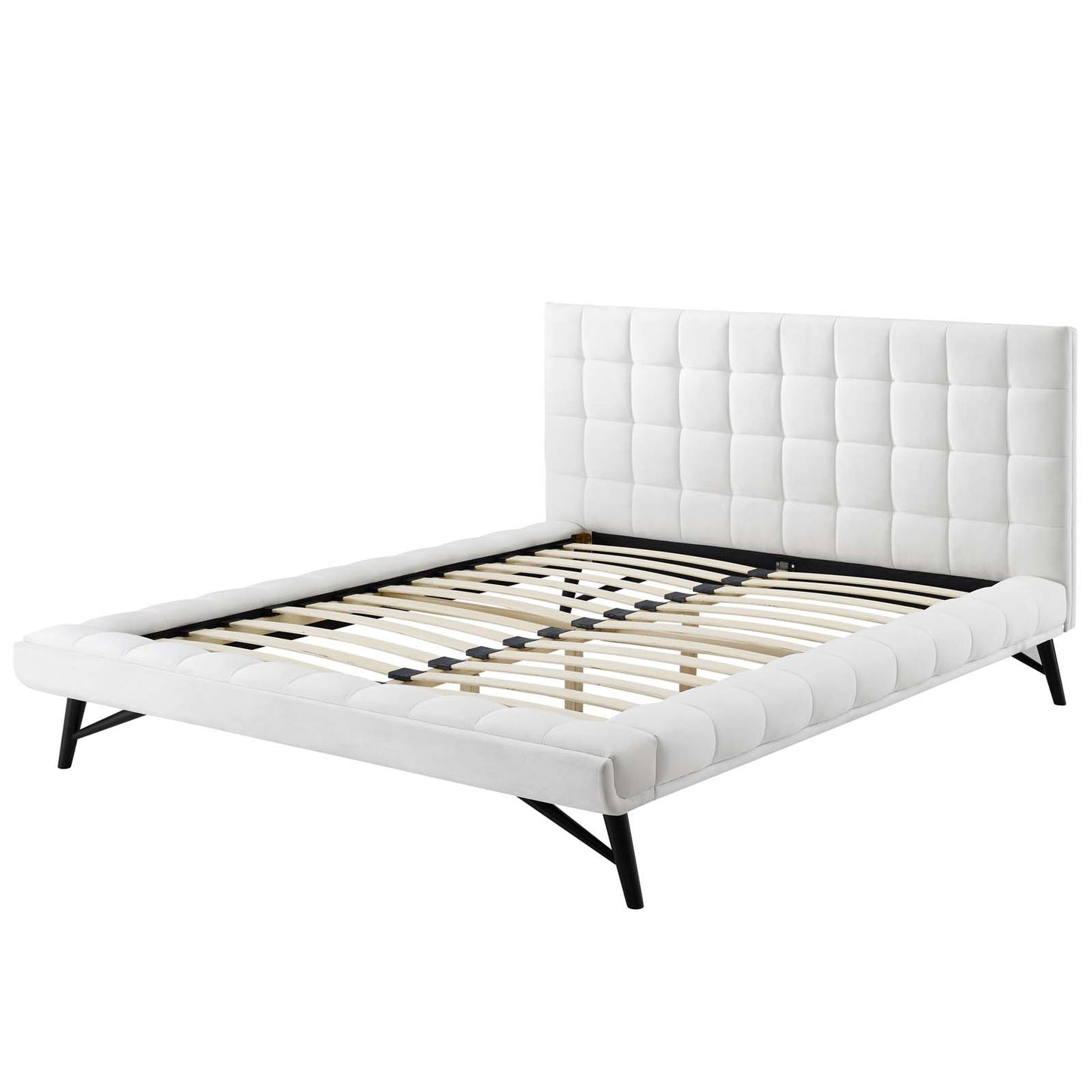 Julia Queen Biscuit Tufted Performance Velvet Platform Bed, Velvet Fabric, White, 17766