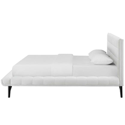 Julia Queen Biscuit Tufted Performance Velvet Platform Bed, Velvet Fabric, White, 17766