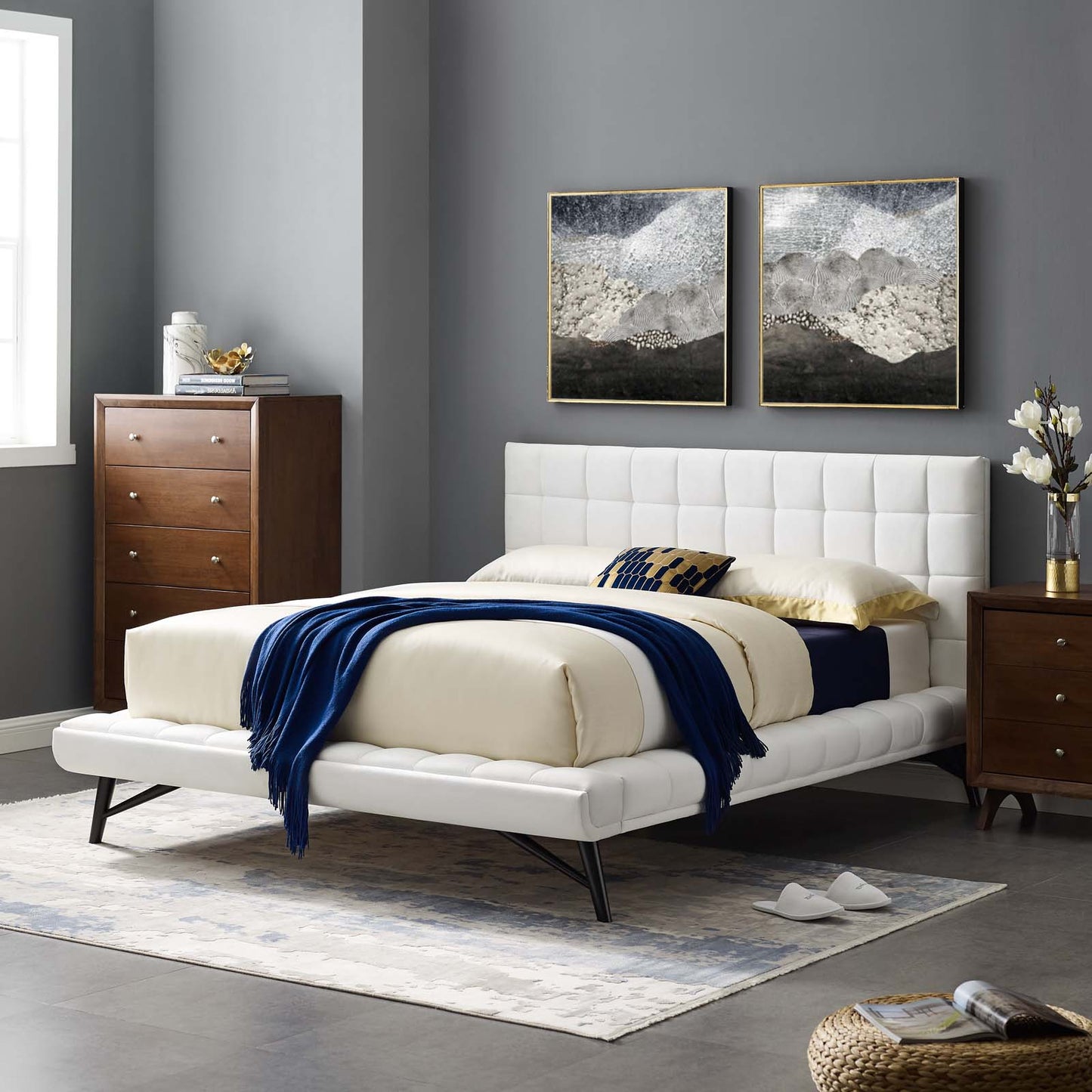 Julia Queen Biscuit Tufted Performance Velvet Platform Bed, Velvet Fabric, White, 17766