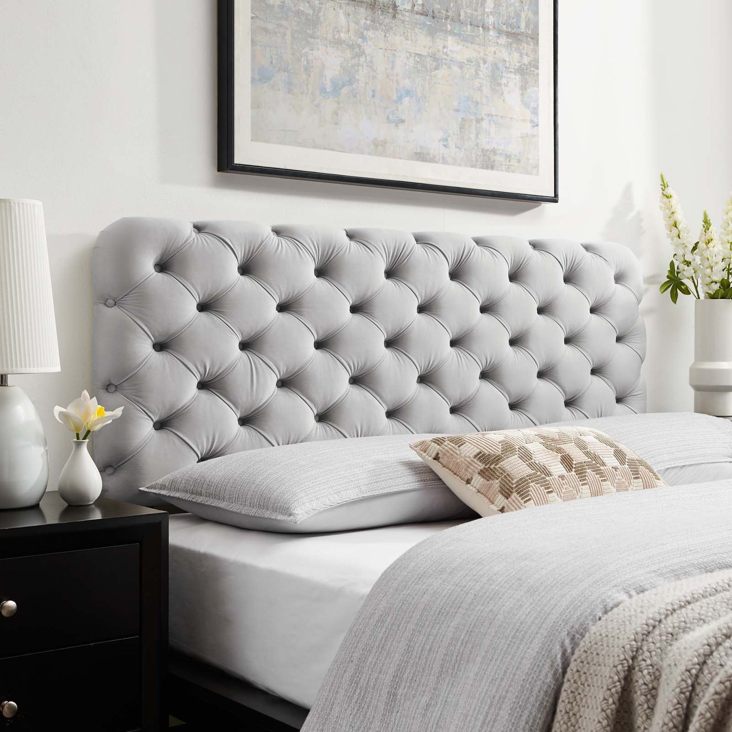 Lizzy Tufted Twin Performance Velvet Headboard, Velvet, Light Grey Gray, 21263