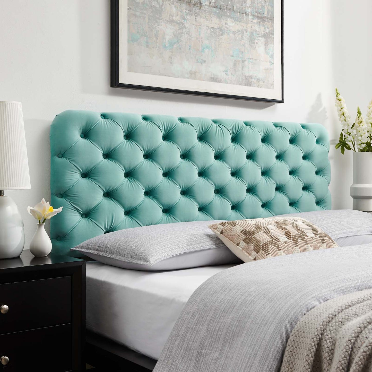 Lizzy Tufted Twin Performance Velvet Headboard, Velvet, Blue, 21264