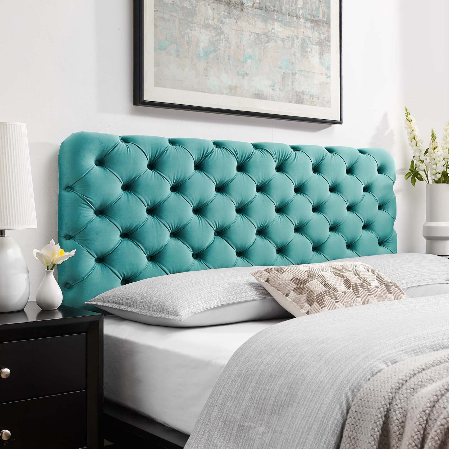 Lizzy Tufted Full/Queen Performance Velvet Headboard, Velvet, Teal Blue, 21275