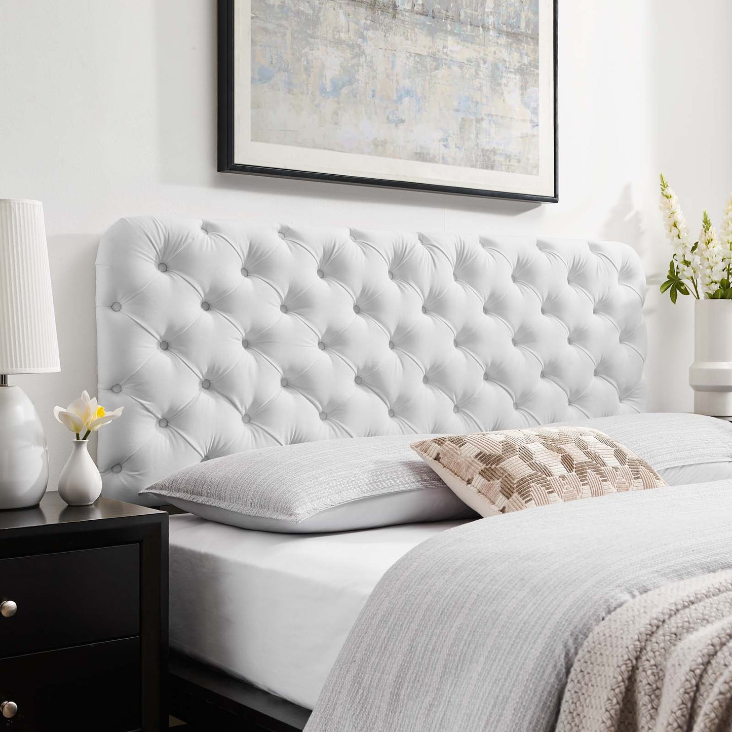 Lizzy Tufted Full/Queen Performance Velvet Headboard, Velvet, White, 21276