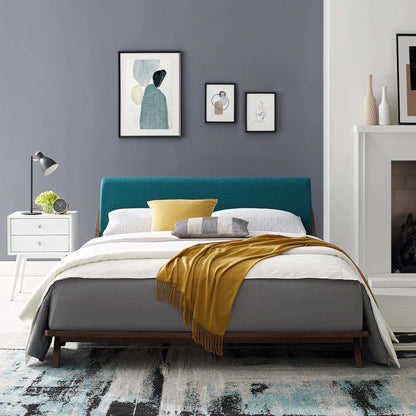 Luella Queen Upholstered Fabric Platform Bed, Queen Size, Wood Fabric, Blue Brown Natural, 15531