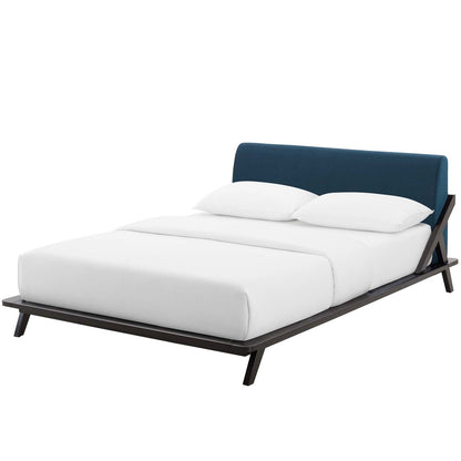 Luella Queen Upholstered Fabric Platform Bed, Queen Size, Wood Fabric, Natural Brown Blue, 15534