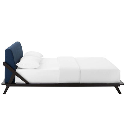 Luella Queen Upholstered Fabric Platform Bed, Queen Size, Wood Fabric, Natural Brown Blue, 15534