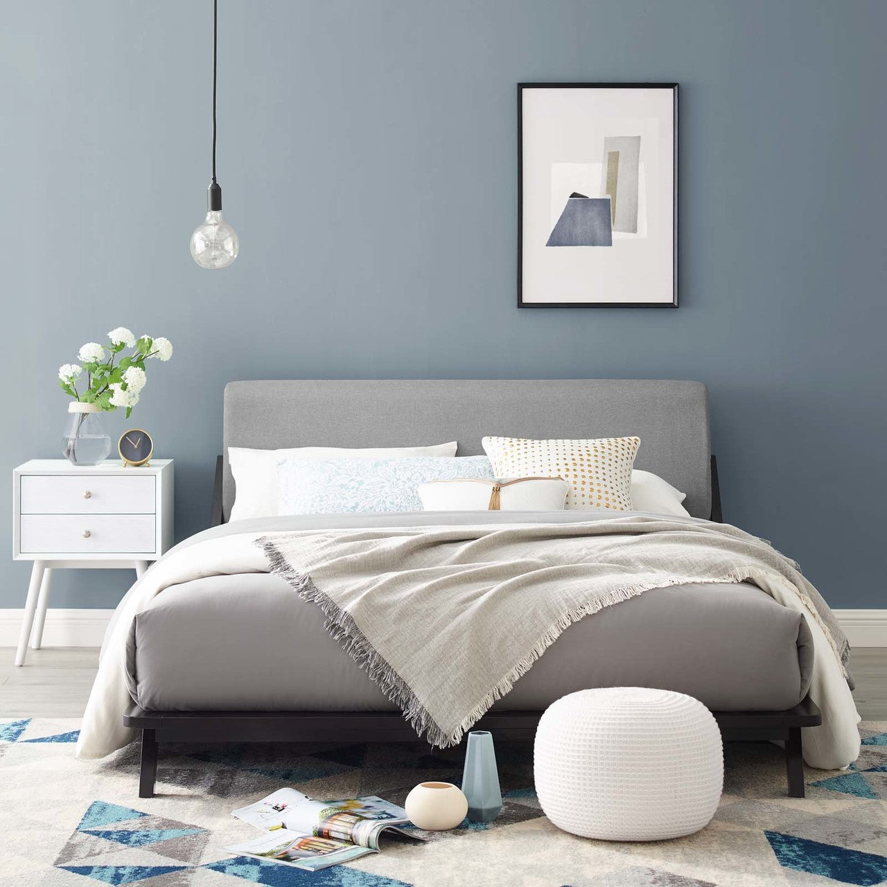 Luella Queen Upholstered Fabric Platform Bed, Queen Size, Wood Fabric, Natural Brown Grey Gray, 15537
