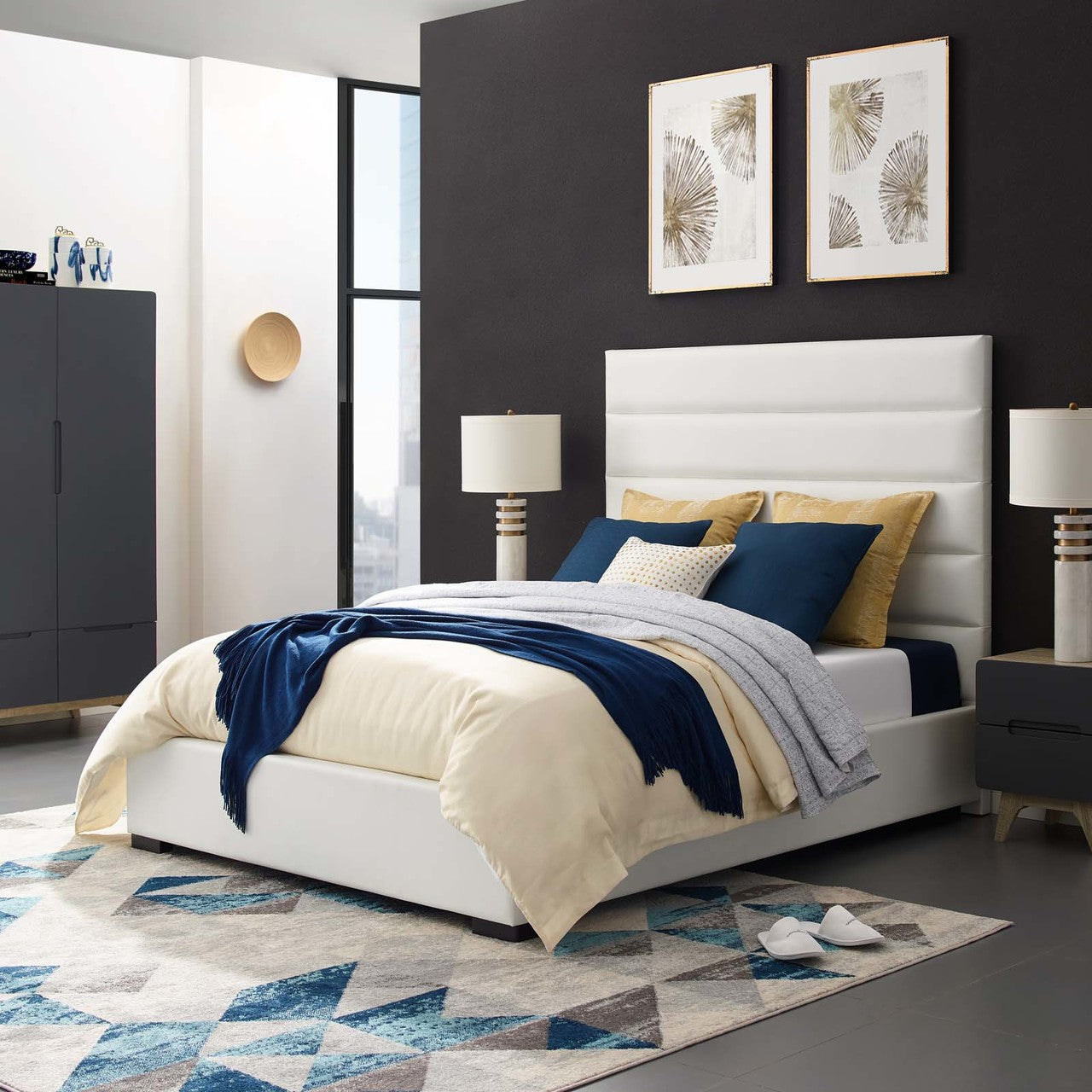 Genevieve Queen Faux Leather Platform Bed, Queen Size, Faux Vinyl Leather, White, 15541