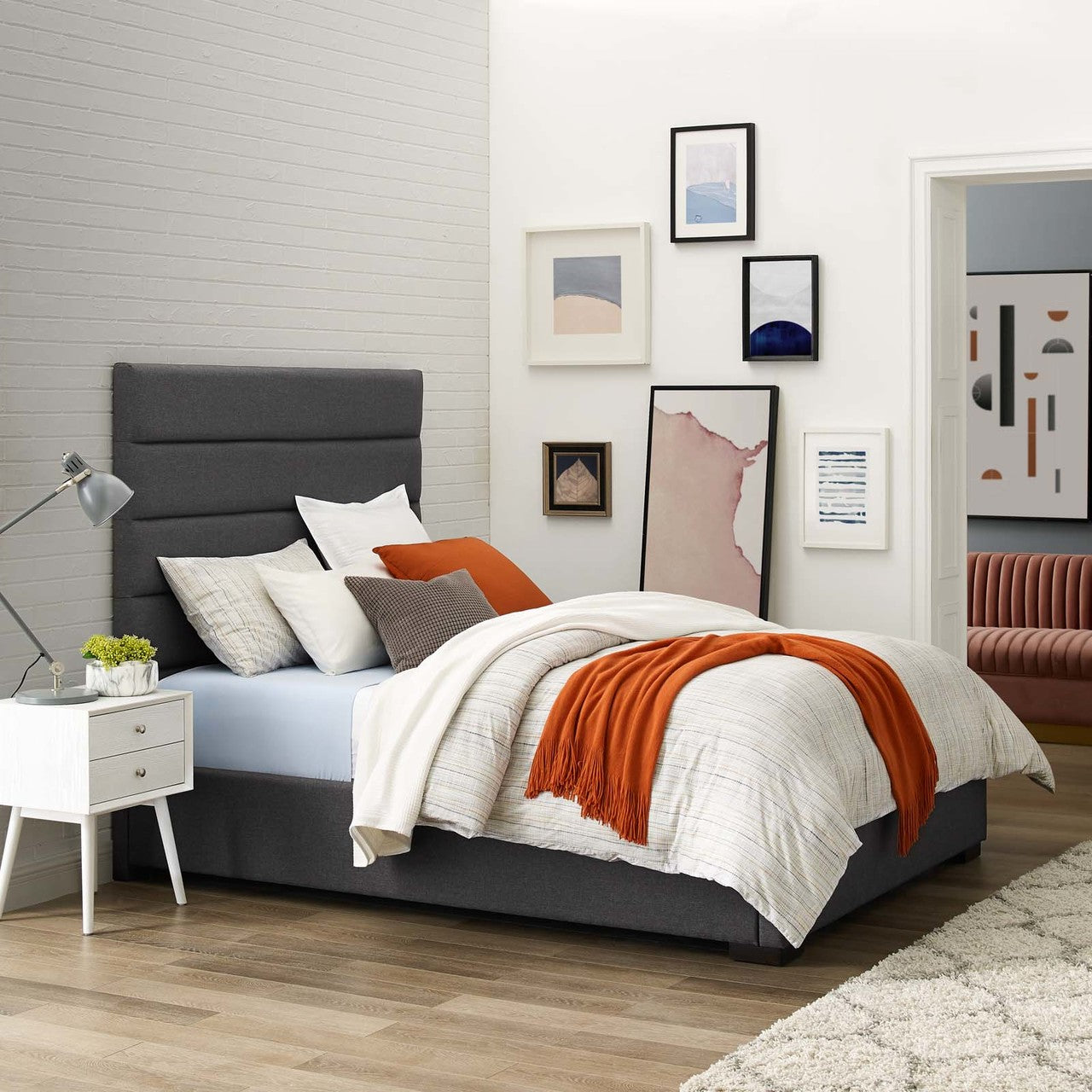 Genevieve Queen Upholstered Fabric Platform Bed, Queen Size, Fabric, Grey Gray, 15544