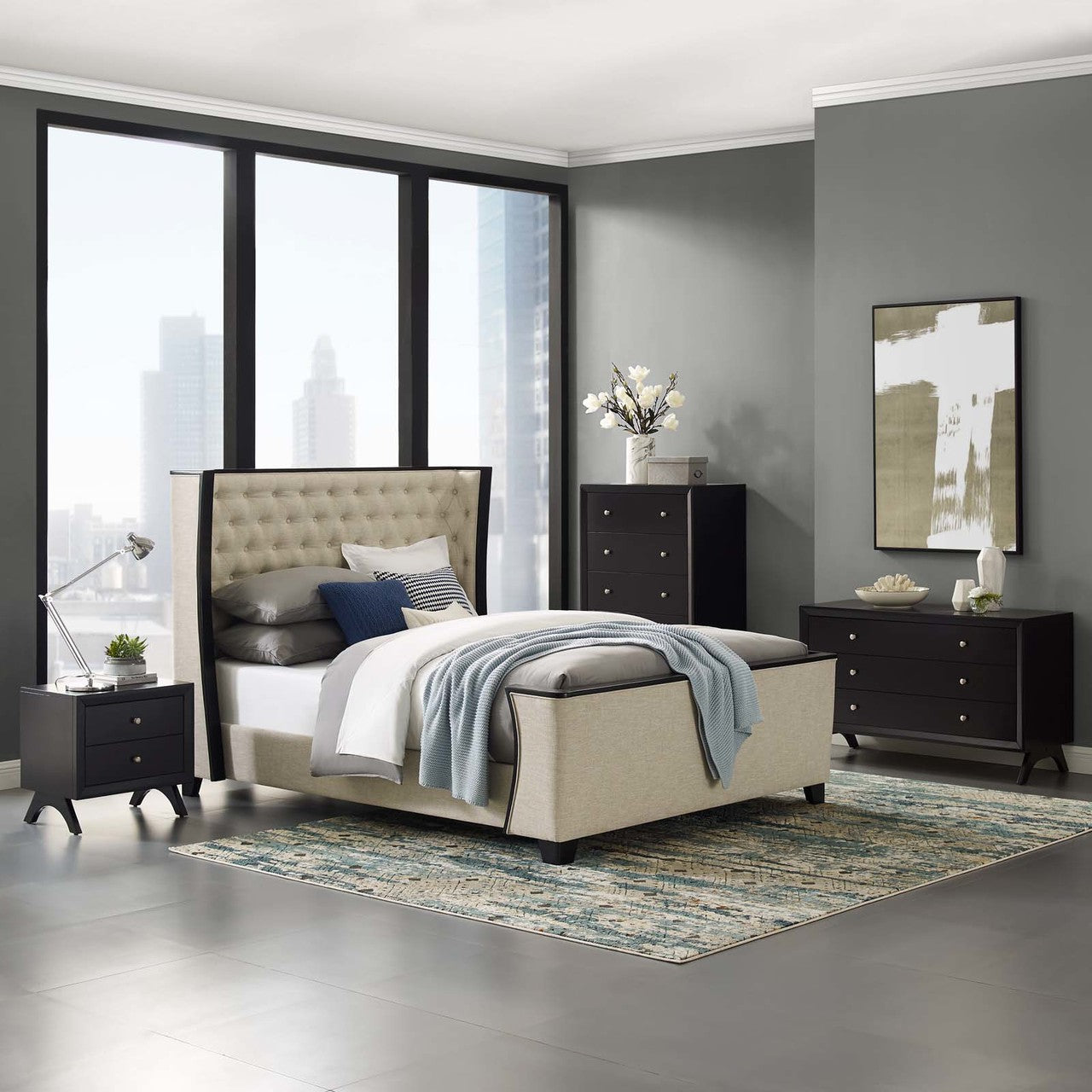 Galia Queen Upholstered Linen Fabric Platform Bed, Queen Size, Fabric, Beige, 15545