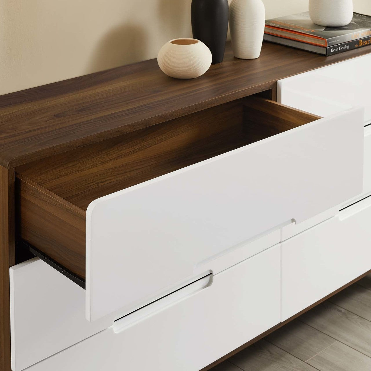 Origin Six-Drawer Wood Dresser or Display Stand, Wood, Natural Brown White 15575