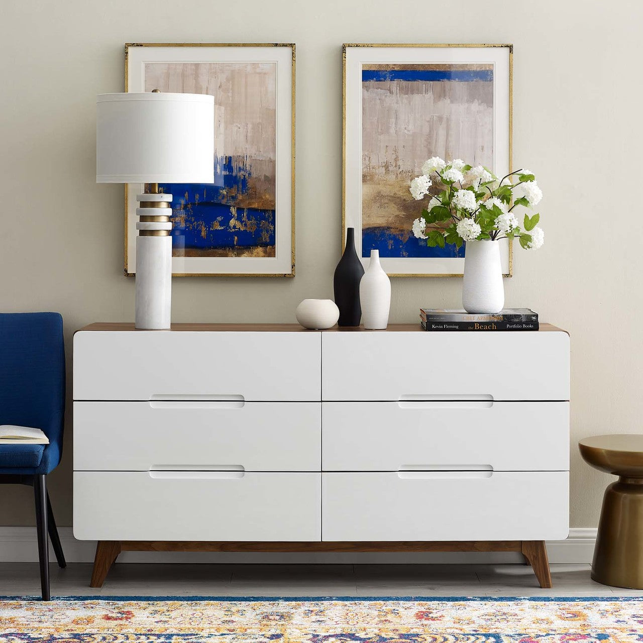 Origin Six-Drawer Wood Dresser or Display Stand, Wood, Natural Brown White 15575