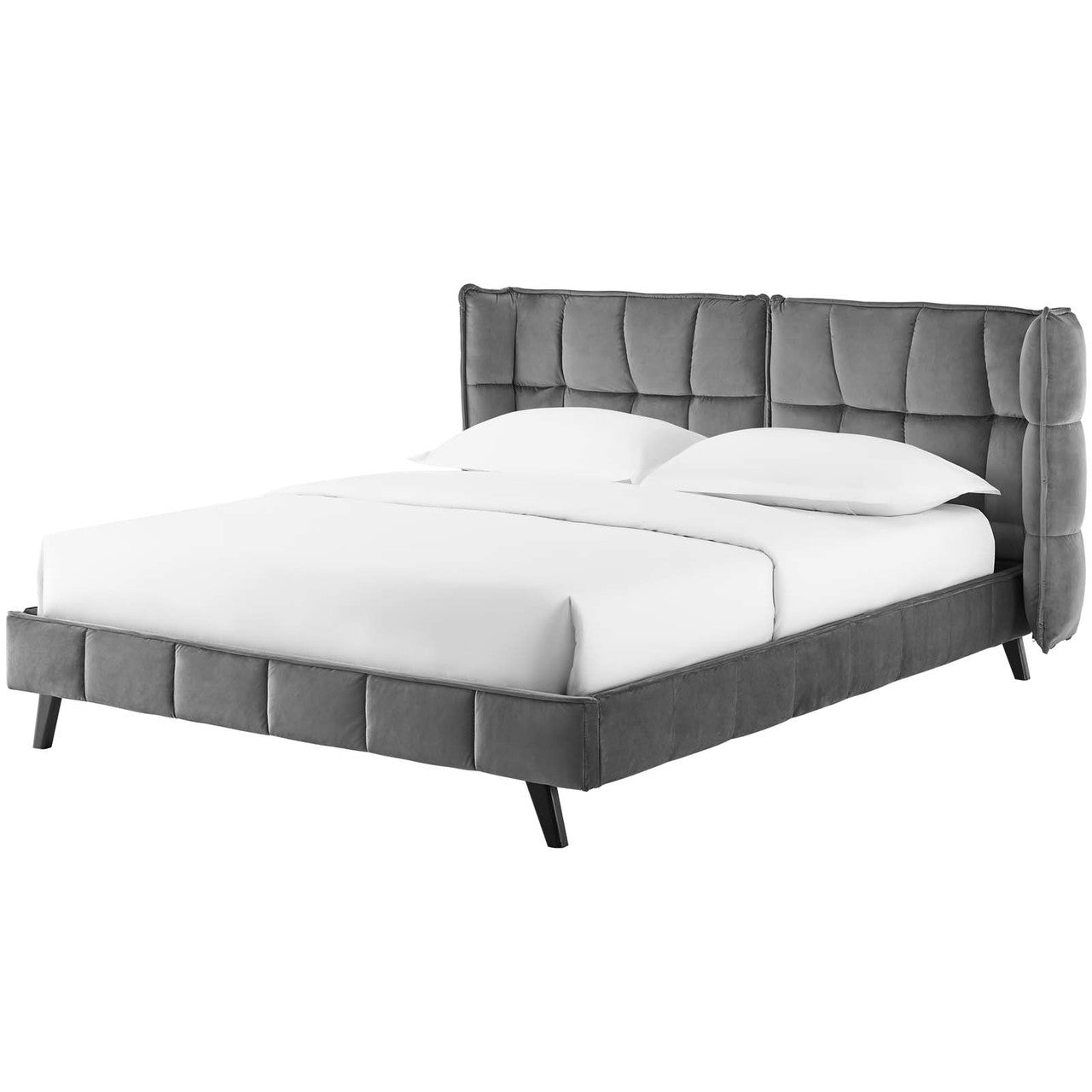 Makenna Queen Upholstered Velvet Platform Bed, Queen Size, Velvet Fabric, Grey Gray, 15579