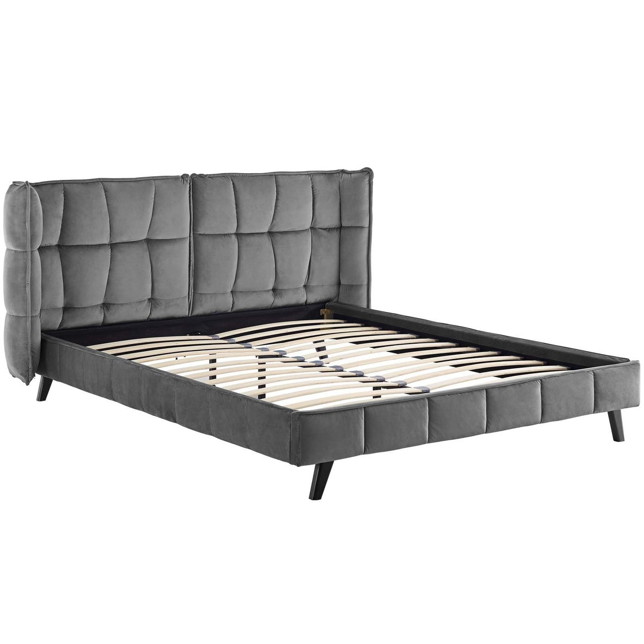Makenna Queen Upholstered Velvet Platform Bed, Queen Size, Velvet Fabric, Grey Gray, 15579