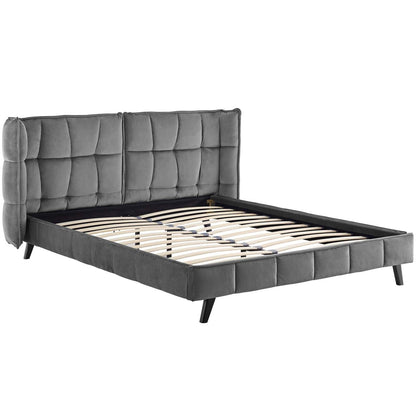 Makenna Queen Upholstered Velvet Platform Bed, Queen Size, Velvet Fabric, Grey Gray, 15579