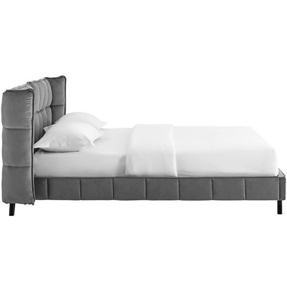 Makenna Queen Upholstered Velvet Platform Bed, Queen Size, Velvet Fabric, Grey Gray, 15579