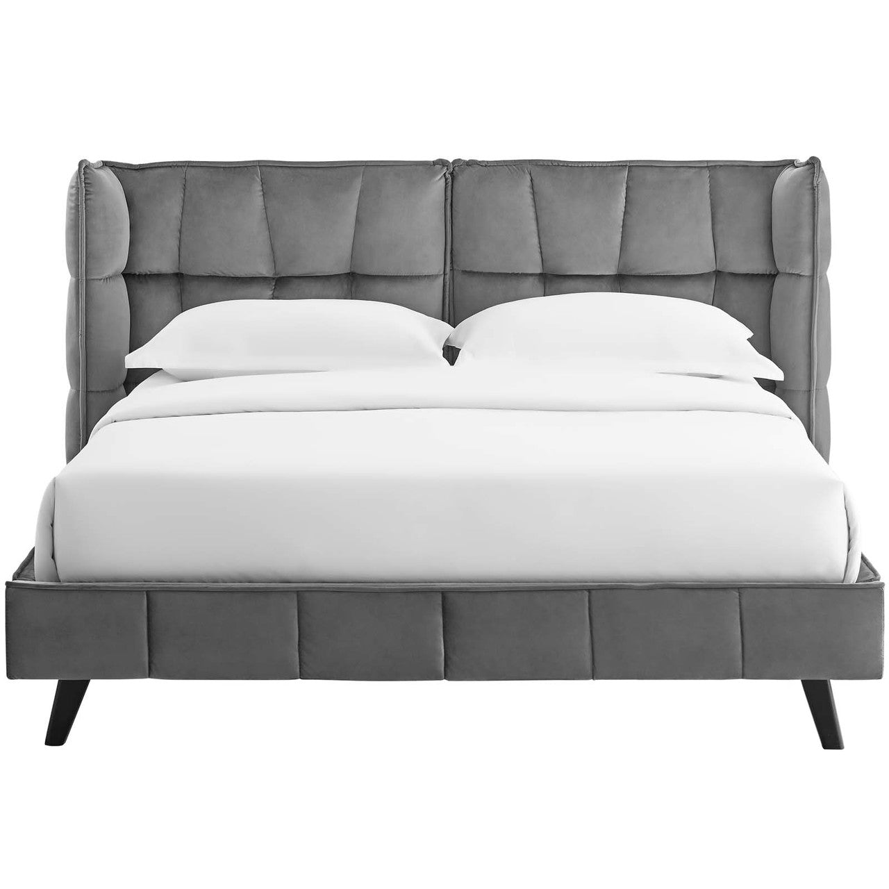 Makenna Queen Upholstered Velvet Platform Bed, Queen Size, Velvet Fabric, Grey Gray, 15579