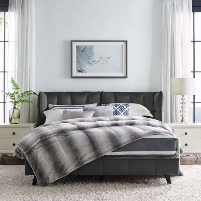 Makenna Queen Upholstered Velvet Platform Bed, Queen Size, Velvet Fabric, Grey Gray, 15579