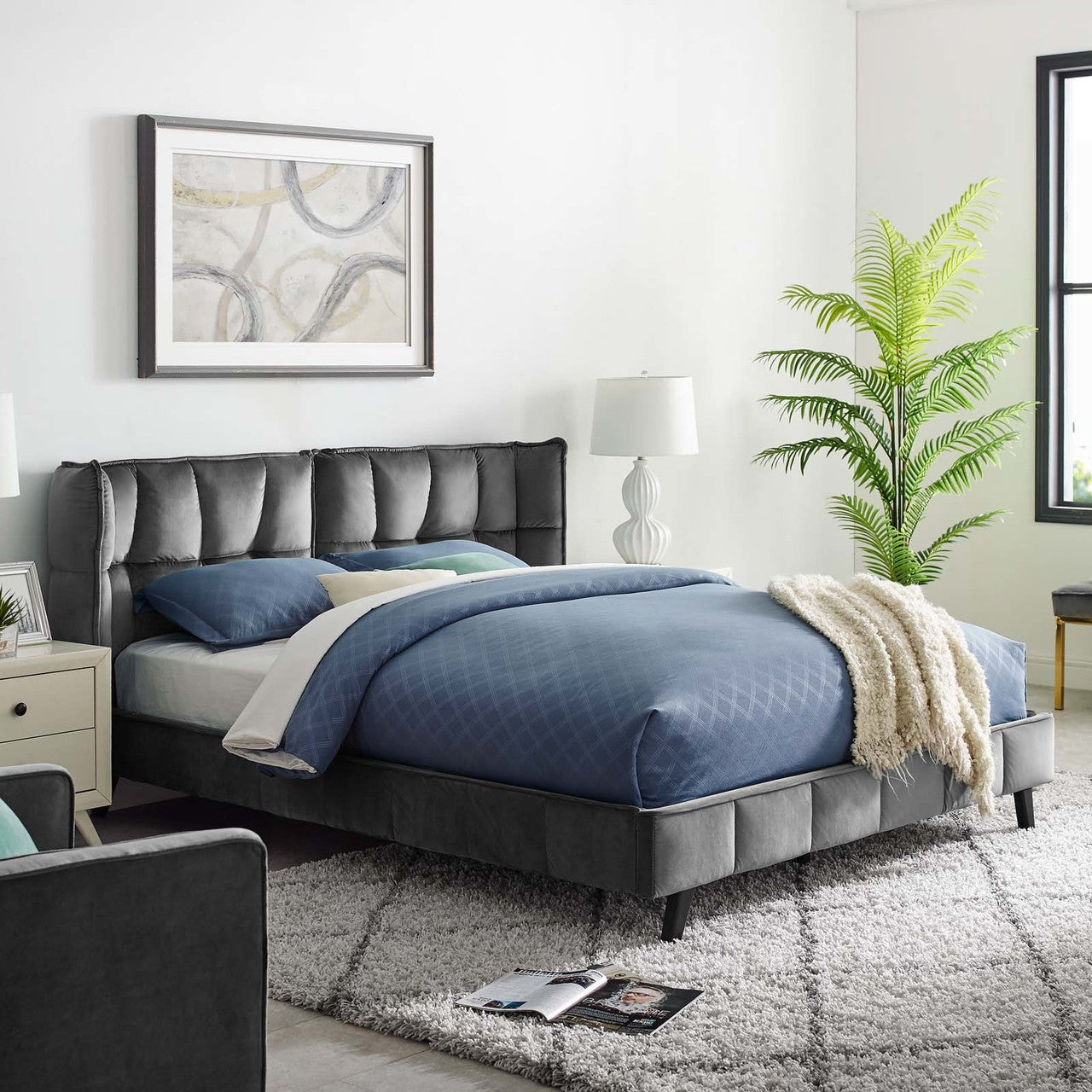 Makenna Queen Upholstered Velvet Platform Bed, Queen Size, Velvet Fabric, Grey Gray, 15579