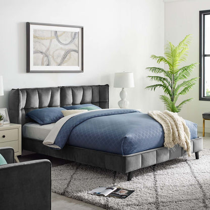 Makenna Queen Upholstered Velvet Platform Bed, Queen Size, Velvet Fabric, Grey Gray, 15579